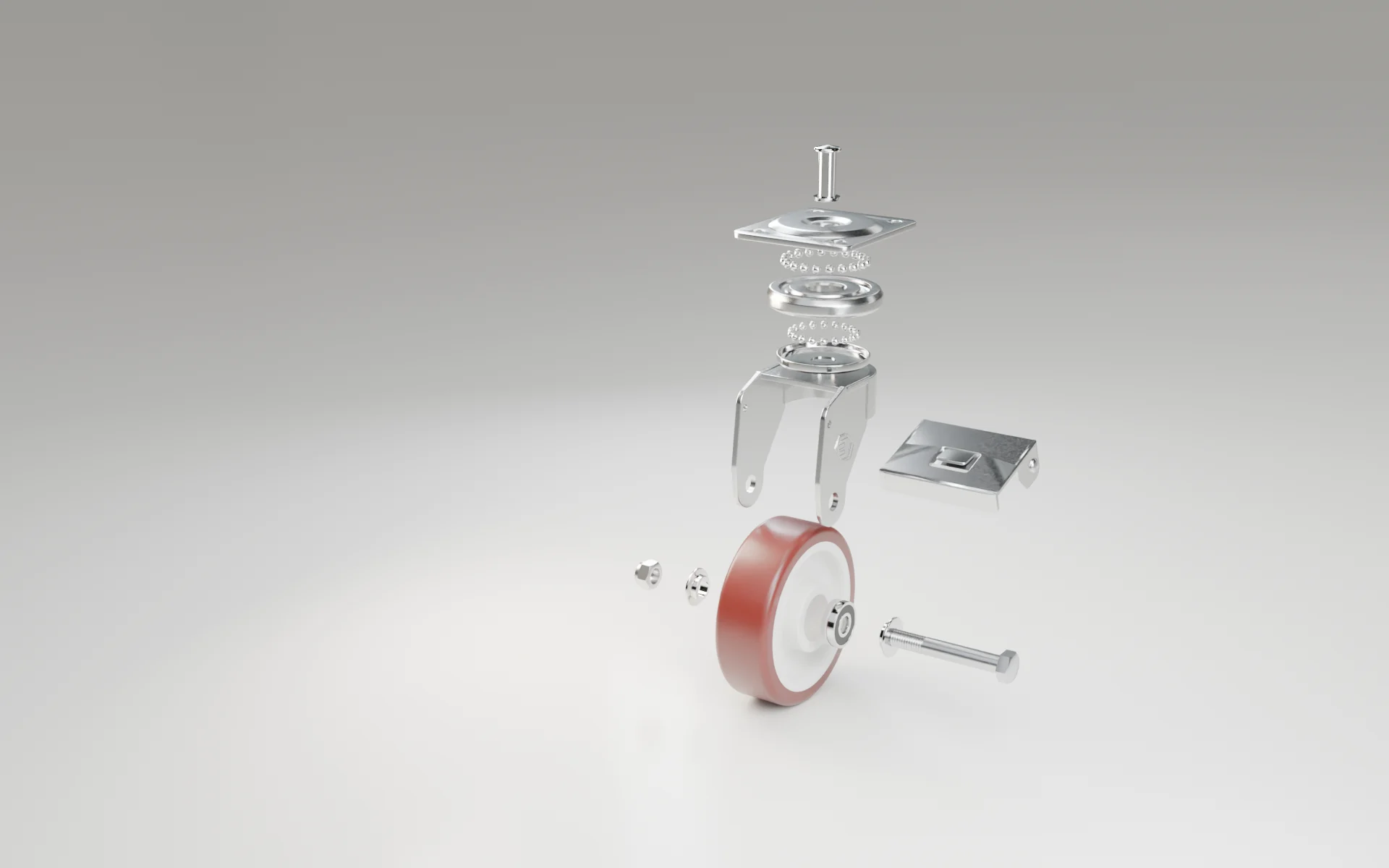 An exploded swivel castor with brake: kingpin rivet, top plate, steel balls, swivel head, dust cover, fork, brake pedal, wheel, bearings, thread guards, axle bolt and lock nut.