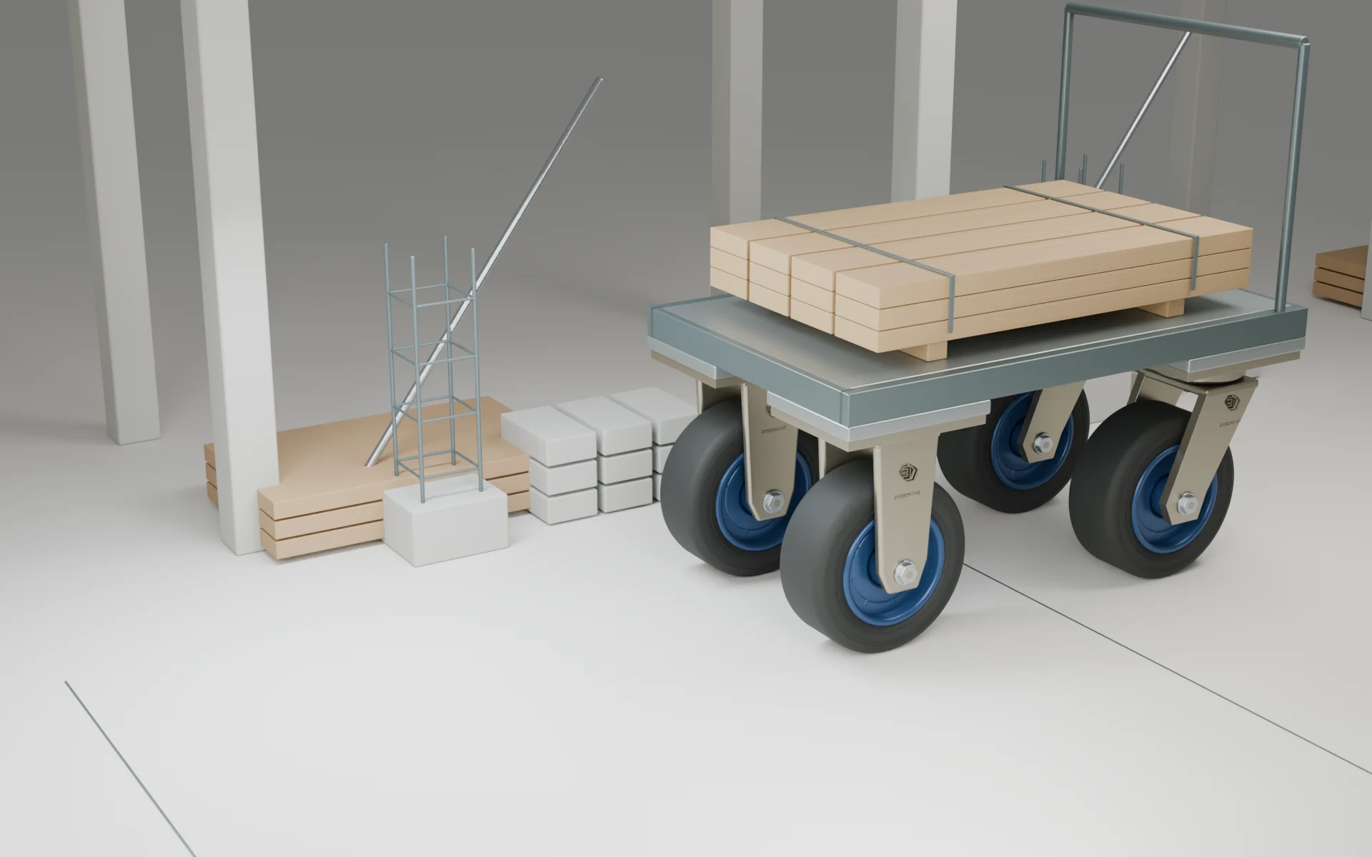 A loaded material trolley on a prepared concrete path in a construction setting.