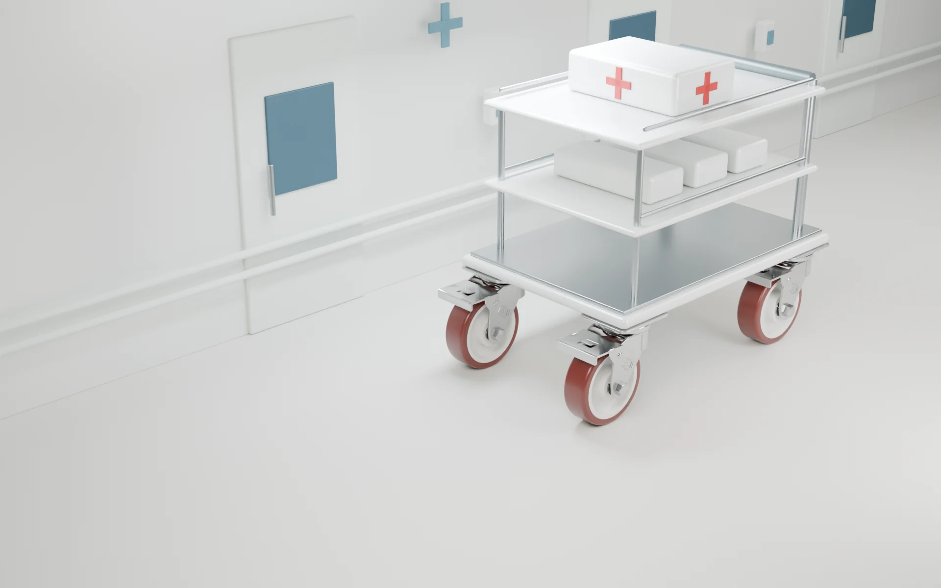 A medical supply trolley with red plus symbols on its upper shelf case in a hospital corridor.