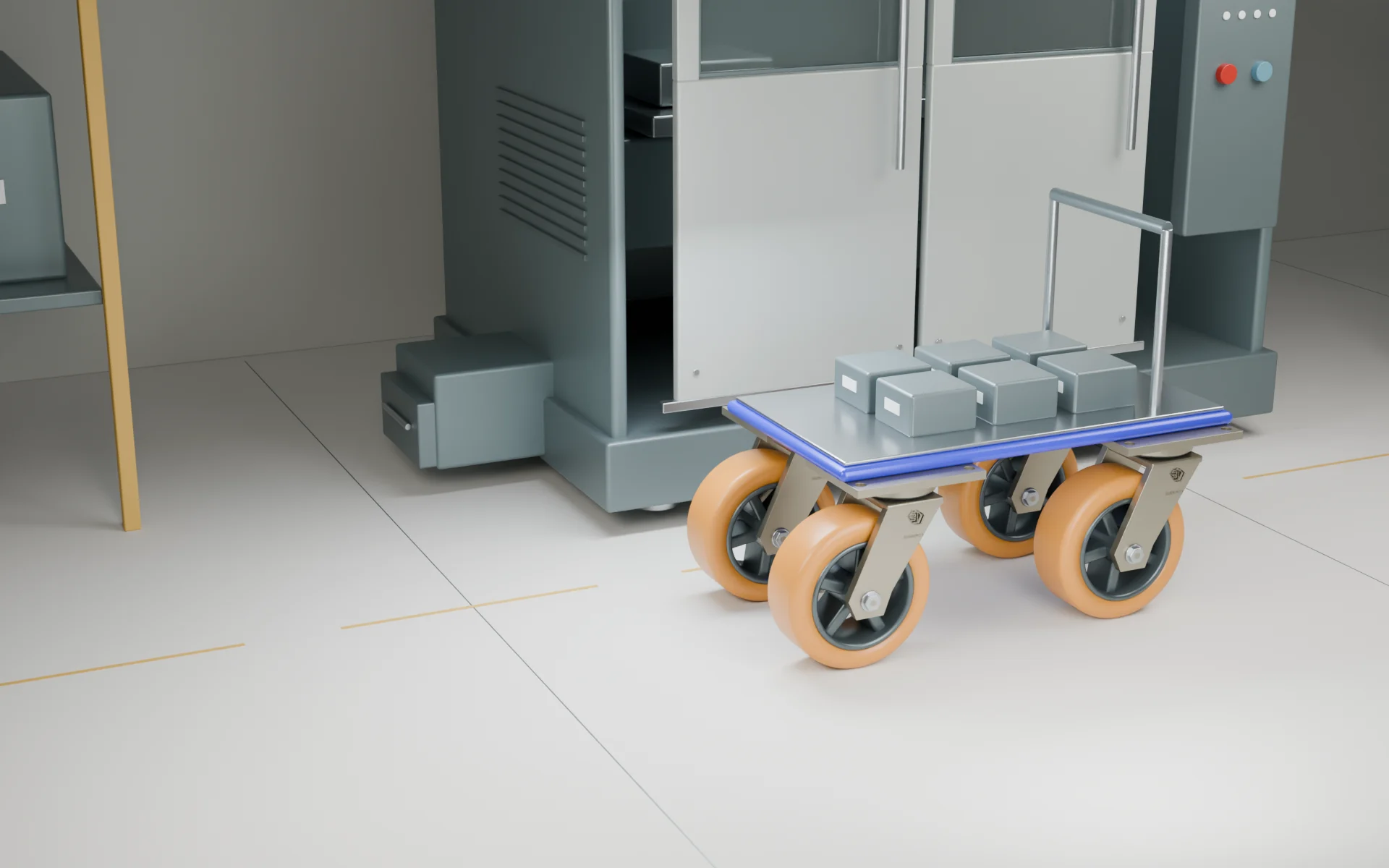 A factory trolley on wide polyurethane castors beside an enclosed production machine.