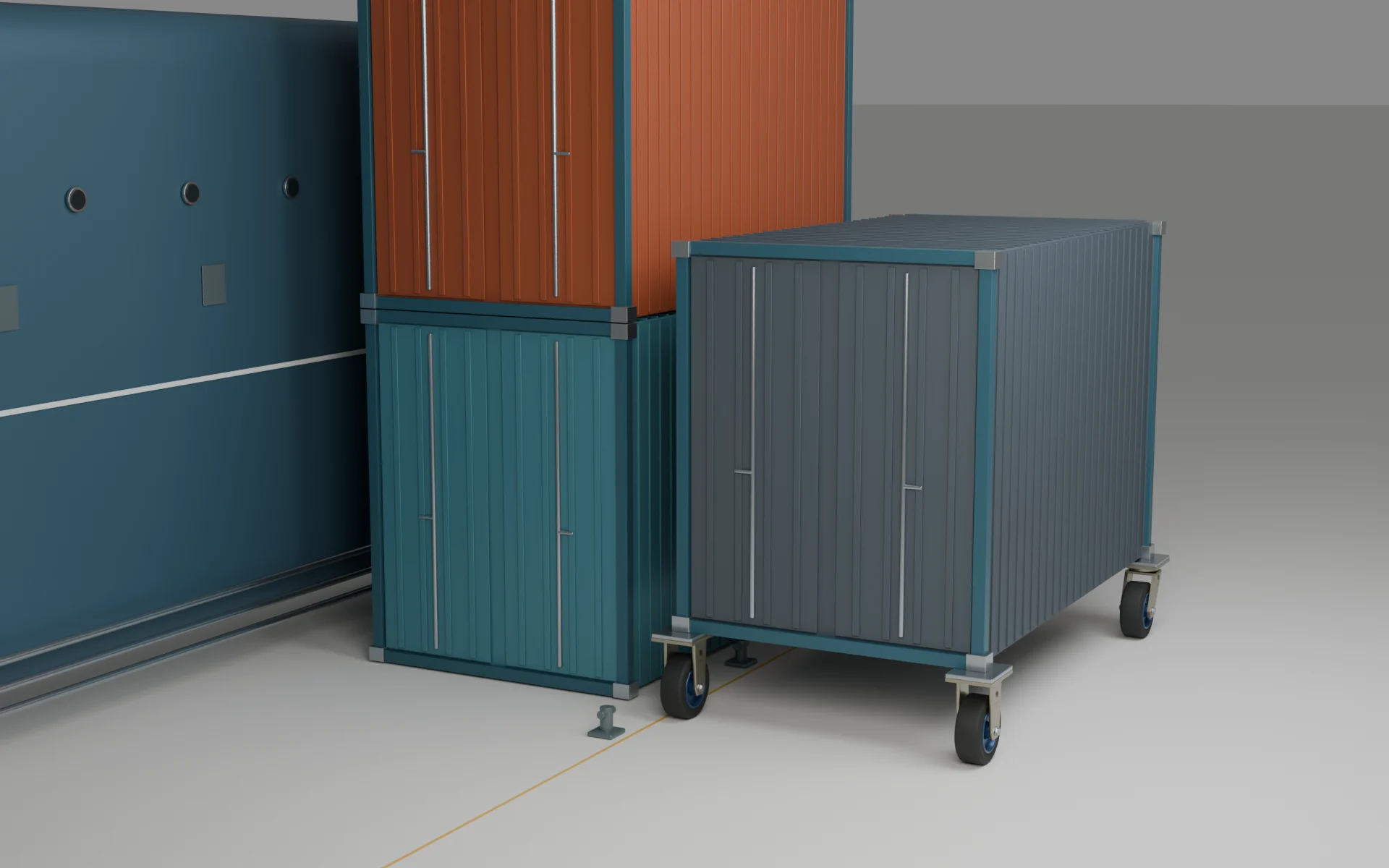 A corrugated container mounted directly on corner castors, beside stacked freight containers and a vessel.