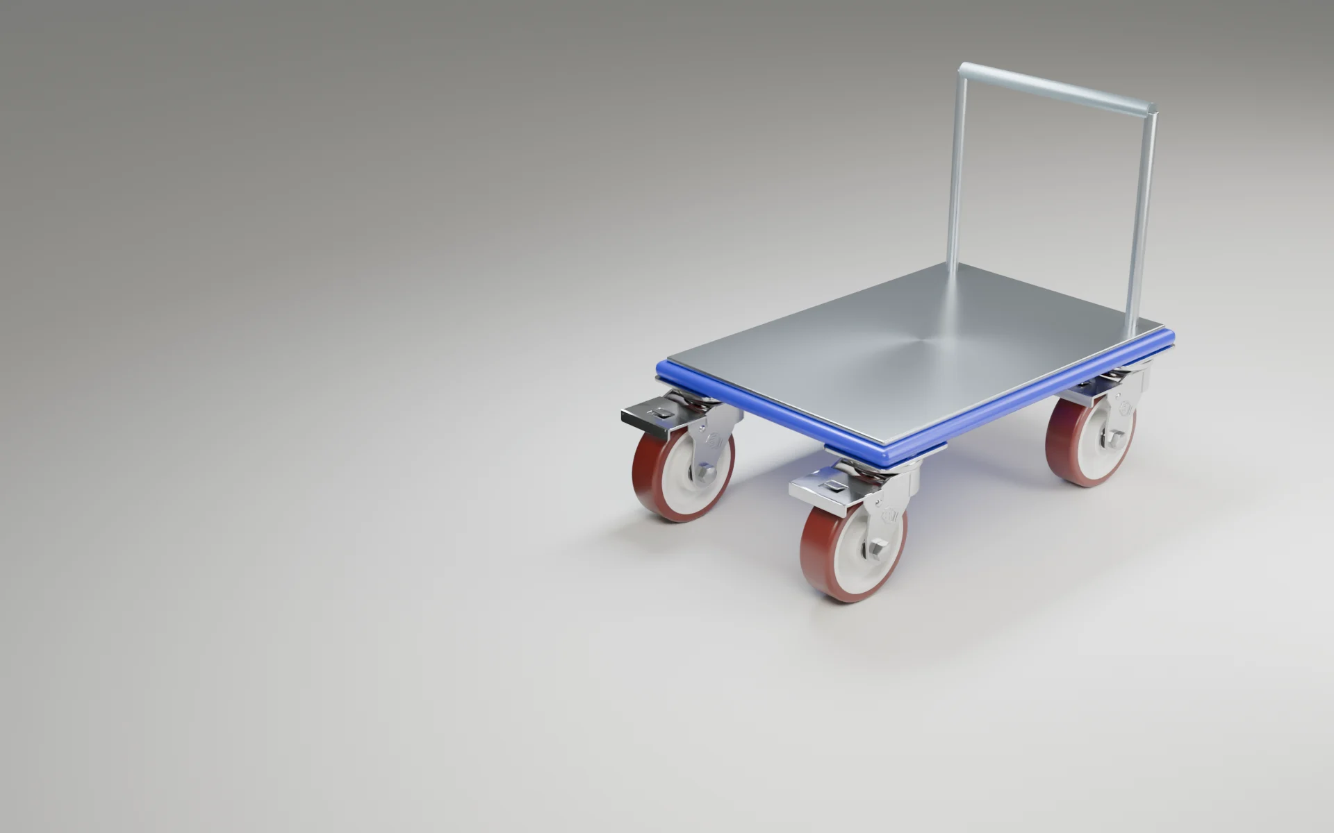 A platform trolley on four stainless swivel castors with red polyurethane wheels, on a smooth studio floor.